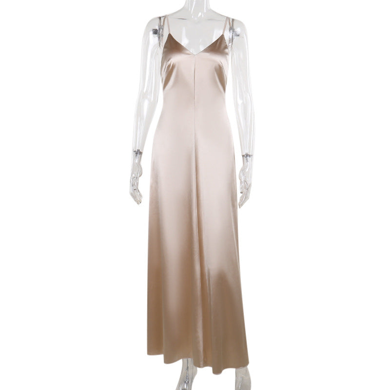 Fall Maxi Dress Socialite Sexy V neck Backless Satin Strap Dress