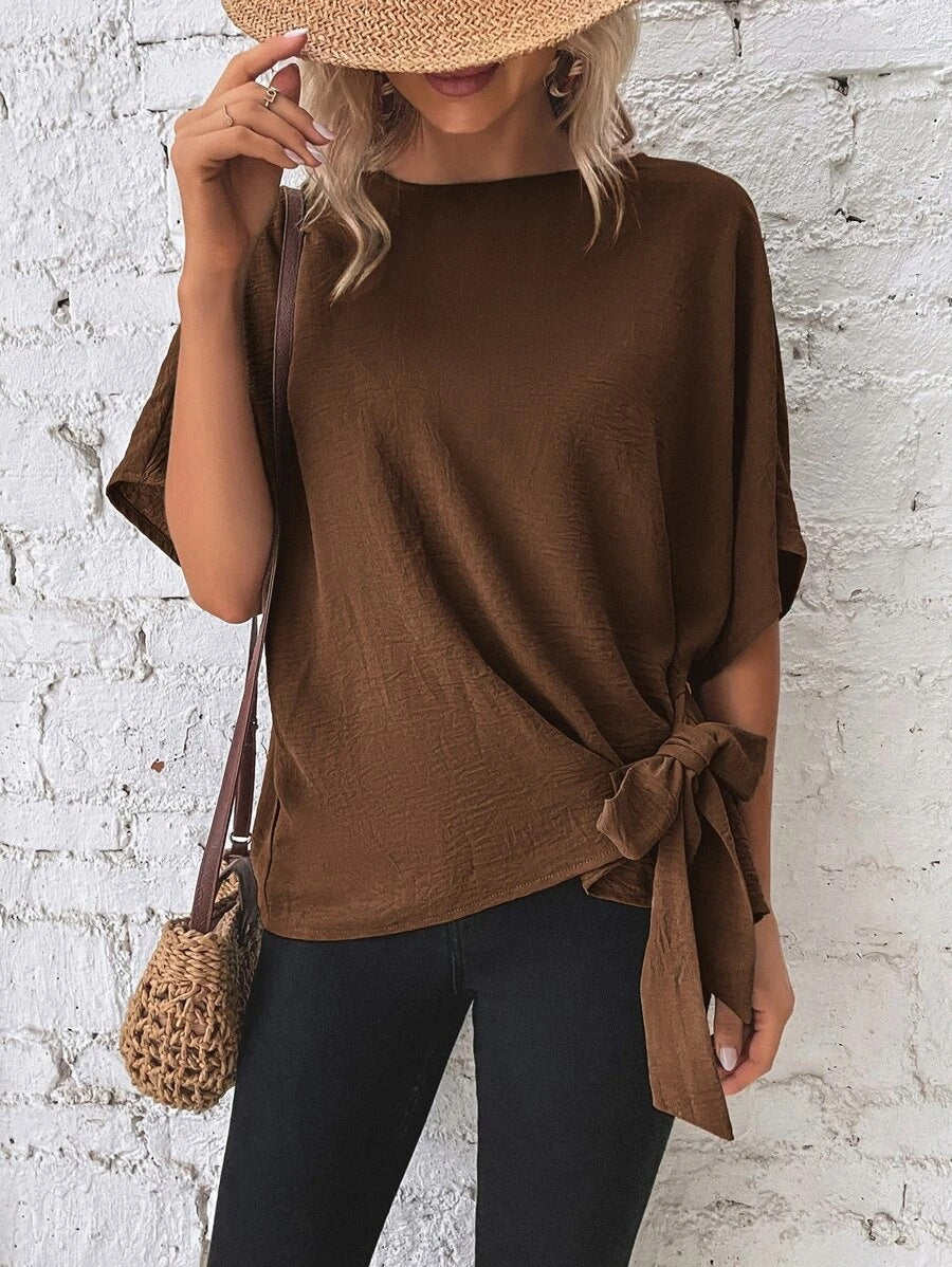 Women Clothing Summer Solid Color Batwing Sleeve Knotted Loose T Top