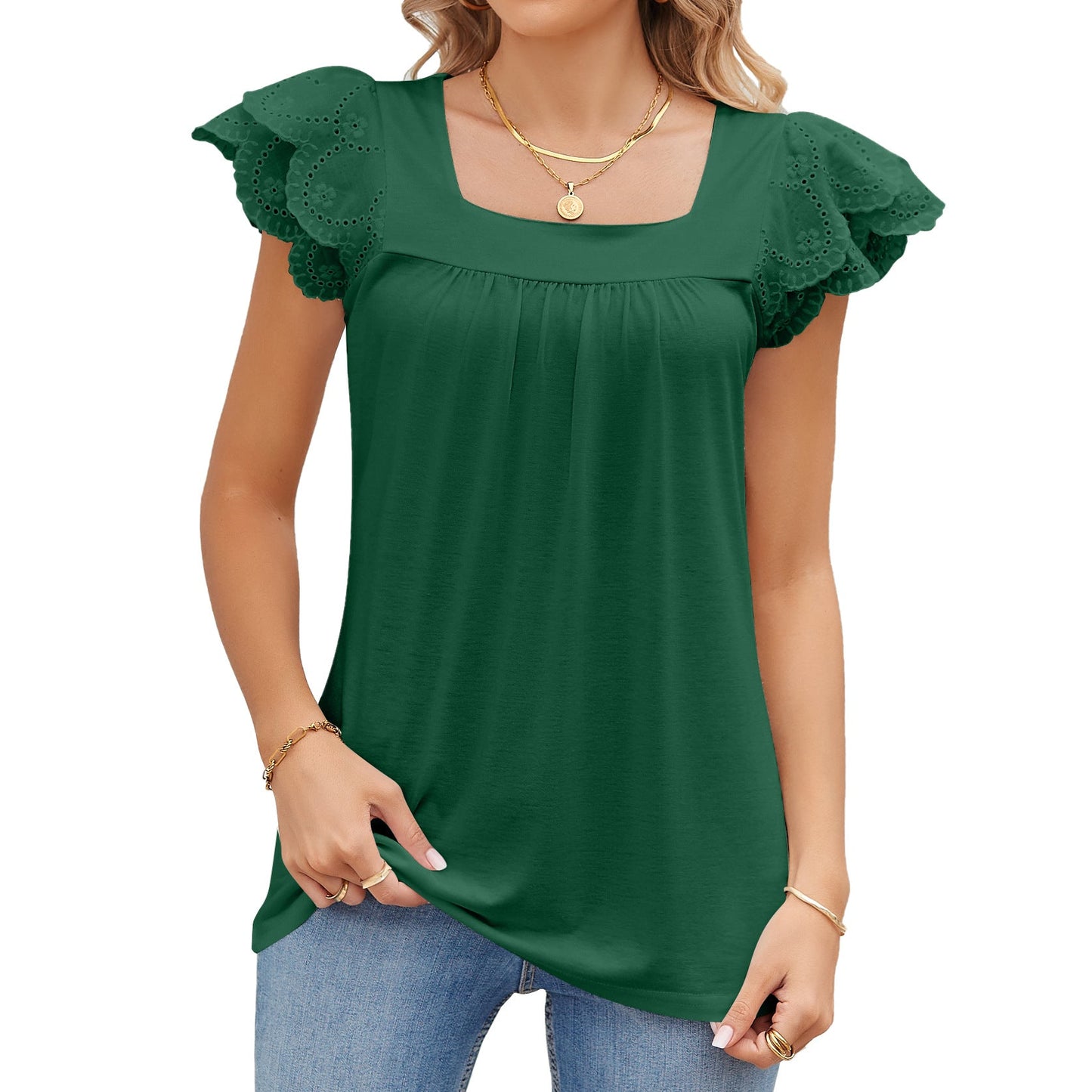 Summer Solid Color Lace Stitching Square Collar Petals Short Sleeve T Shirt Top Women