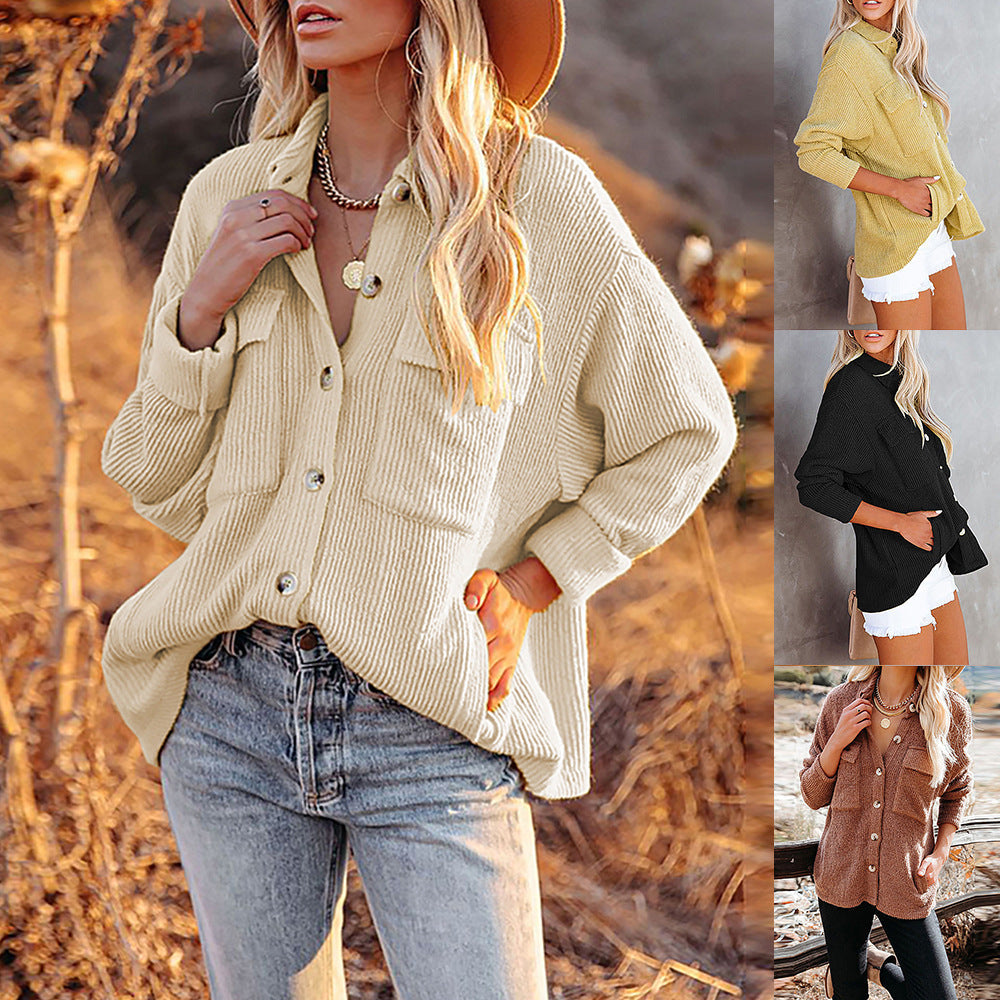 New Autumn Winter Shacket Solid Color Loose Corduroy Pocket Long Sleeve Outerwear