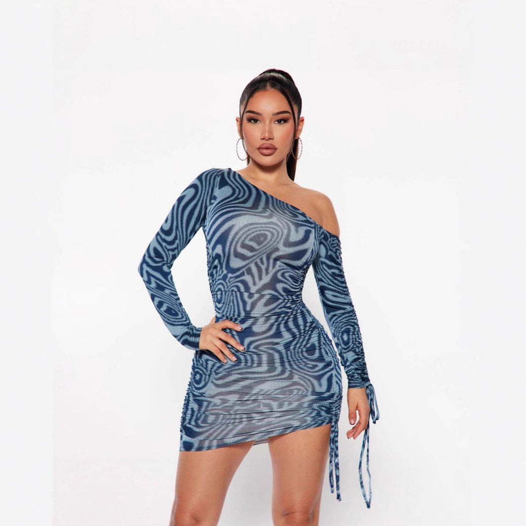 Arrival Women Clothing Floral Print Drawstring Ruffle Lace up Drawstring Long Sleeve Slant Shoulder Tight Dress