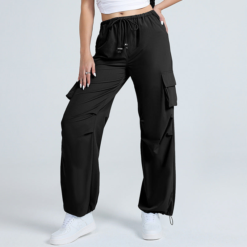Retro Straight Wide Leg Pants Women Autumn Solid Color Multi Pocket Loose Baggy Trousers Casual Working Pants