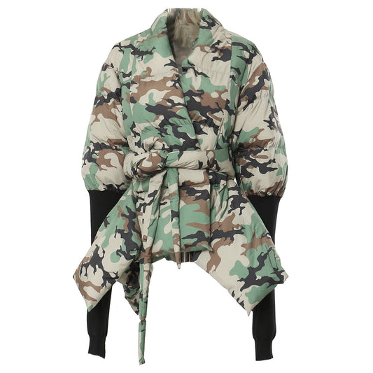 Autumn Winter Camouflage Personality Stitching Knitted Cuffs Waist Tight Personality Cut Cotton Padded Jacket