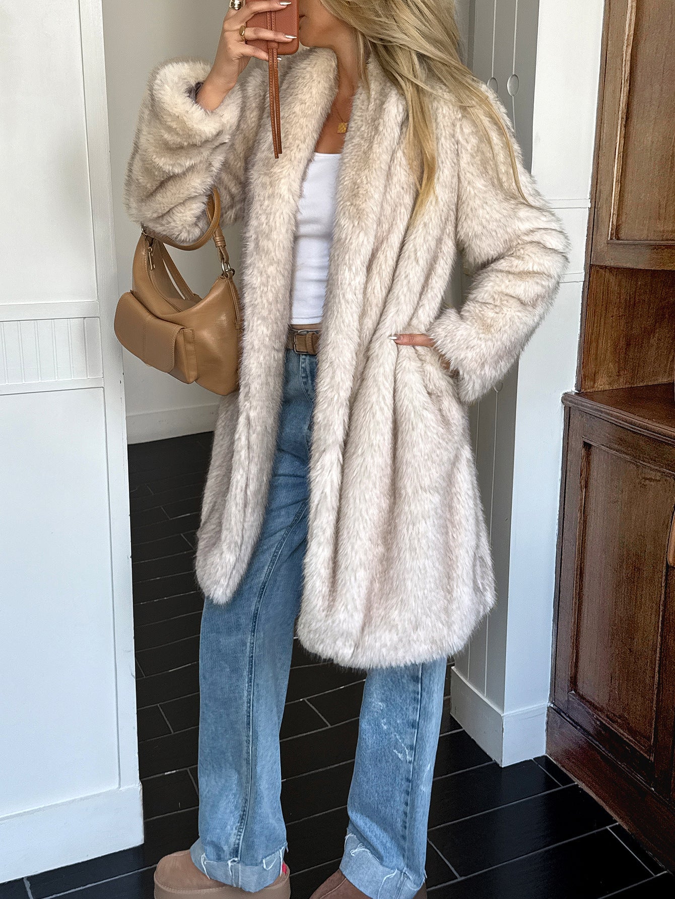 Women Clothing Autumn Winter Elegant Plush Long Sleeved Overcoat Coat