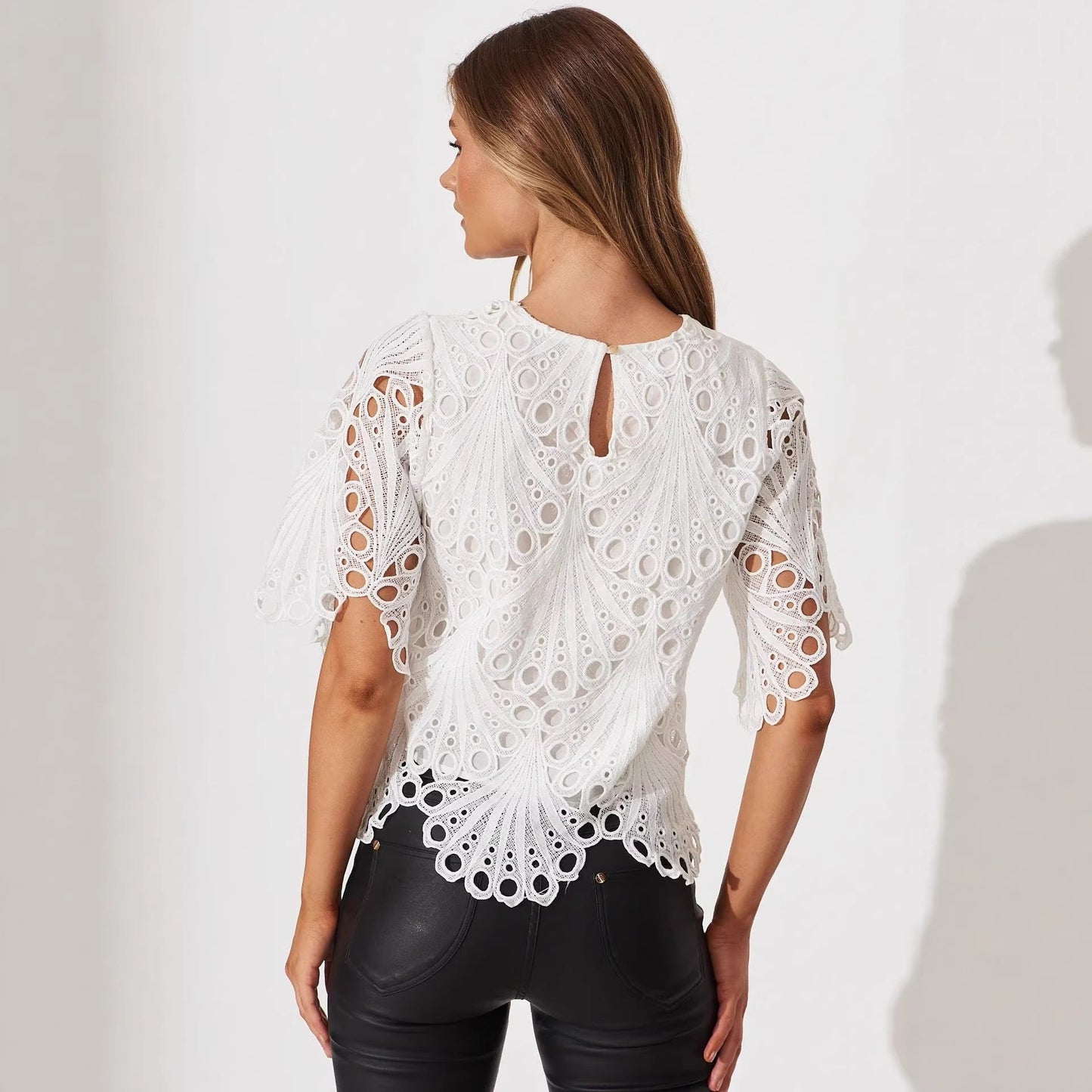 Hollow Out Cutout Crocheted Fringed Sweater Women Summer Figure Flattering Outerwear Short-Sleeved Lace Shirt Top