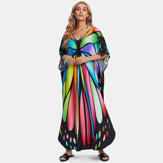 Rayon Printed Loose plus Size Robe Beach Cover up Vacation Maxi Dress Sun Protection Shirt Women