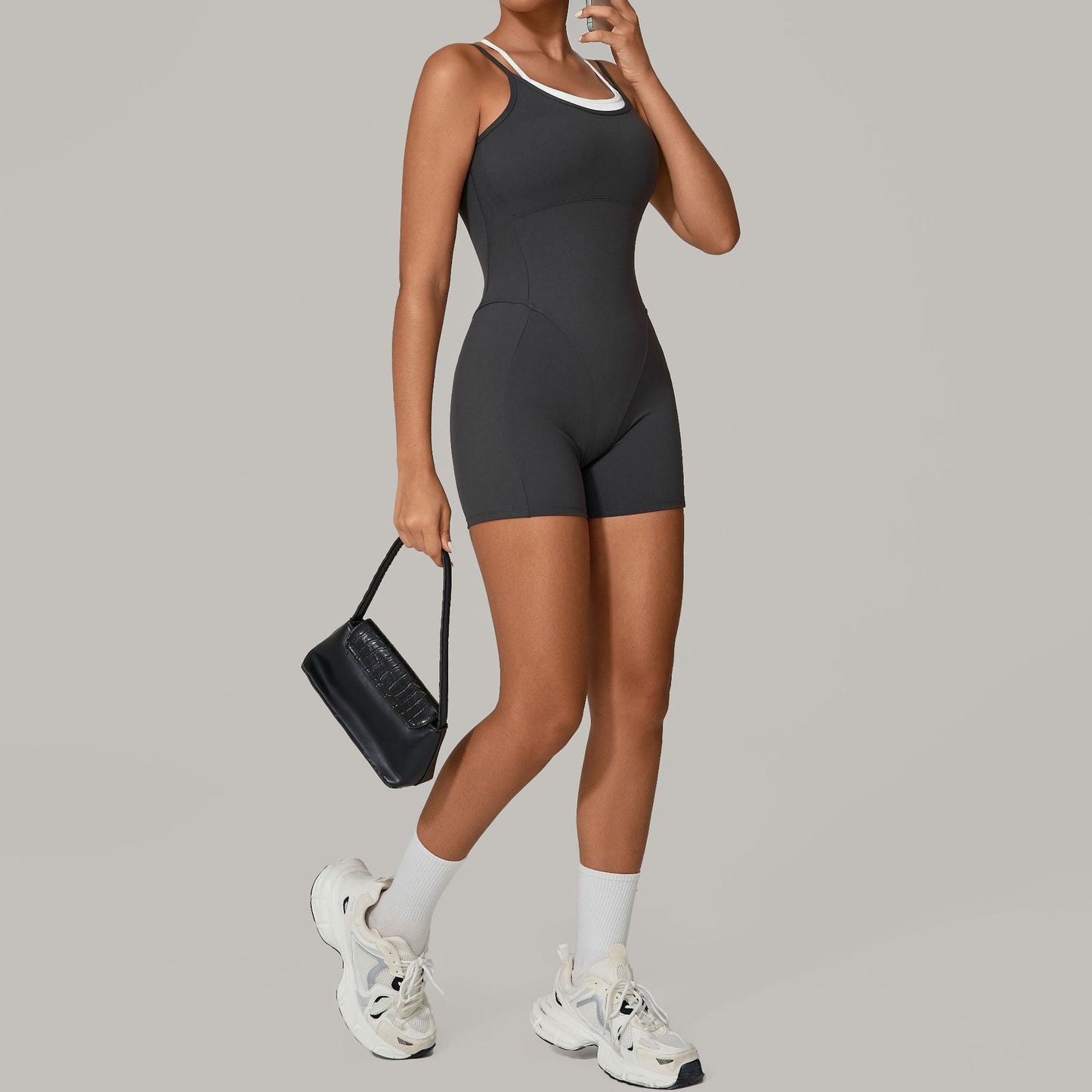 Autumn Sand Faux Two Piece Contrast Color Sling Sports Jumpsuit One Piece Yoga Clothes Backless Outdoor Fitness One Piece