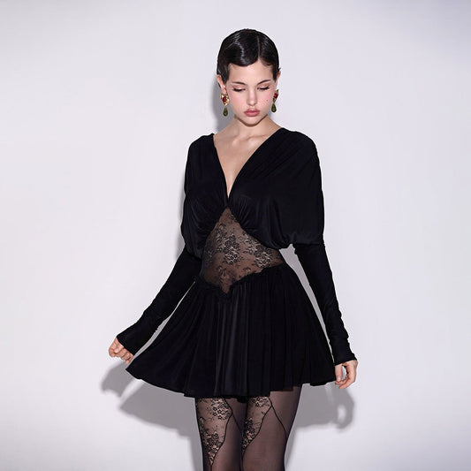 Autumn Sexy Lace See through V neck Patchwork Long Sleeve Short Dress Elegant Dress