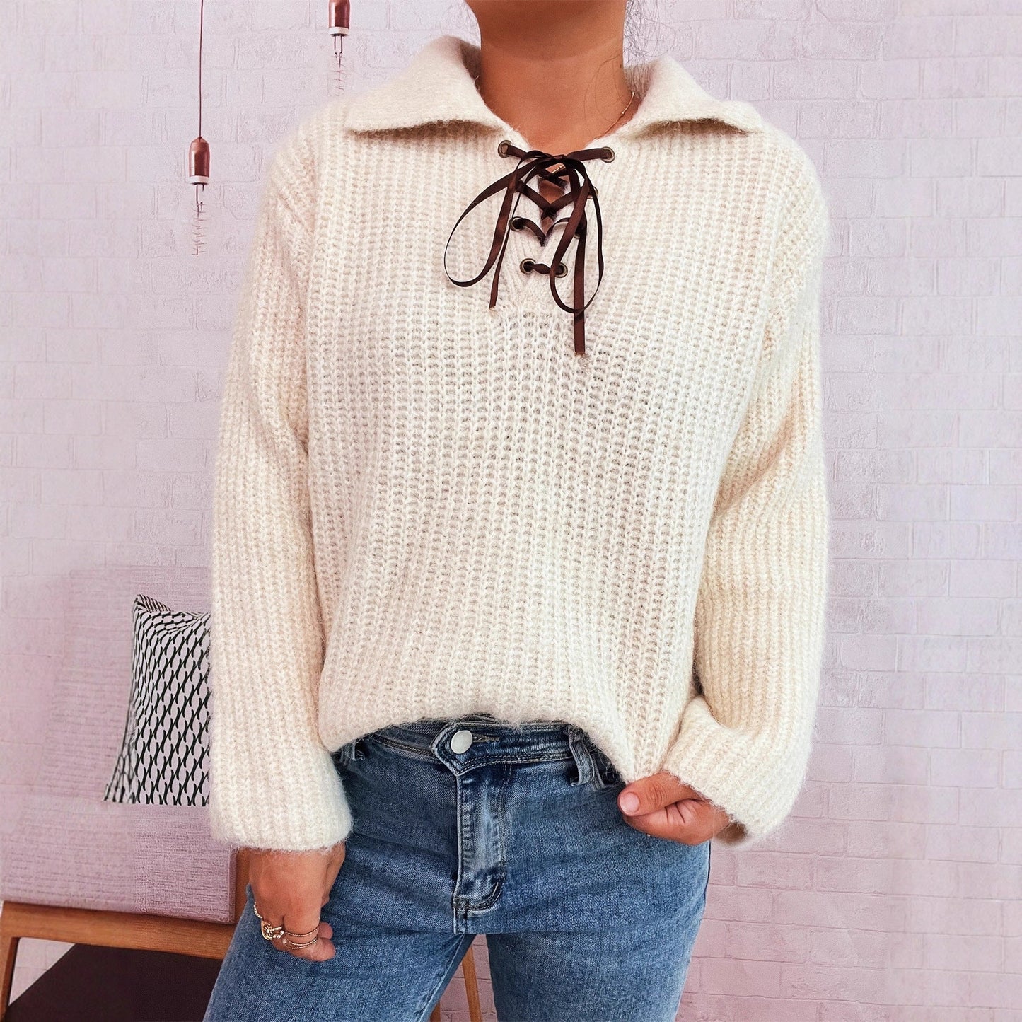 Autumn Winter Simple Office Collared Tied Knitted Pullover Solid Color Loose Sweater