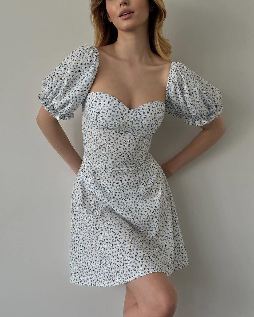 Spring Summer Wear Women Clothing Lace up Vintage Floral High Waist Puff Sleeve French Dress