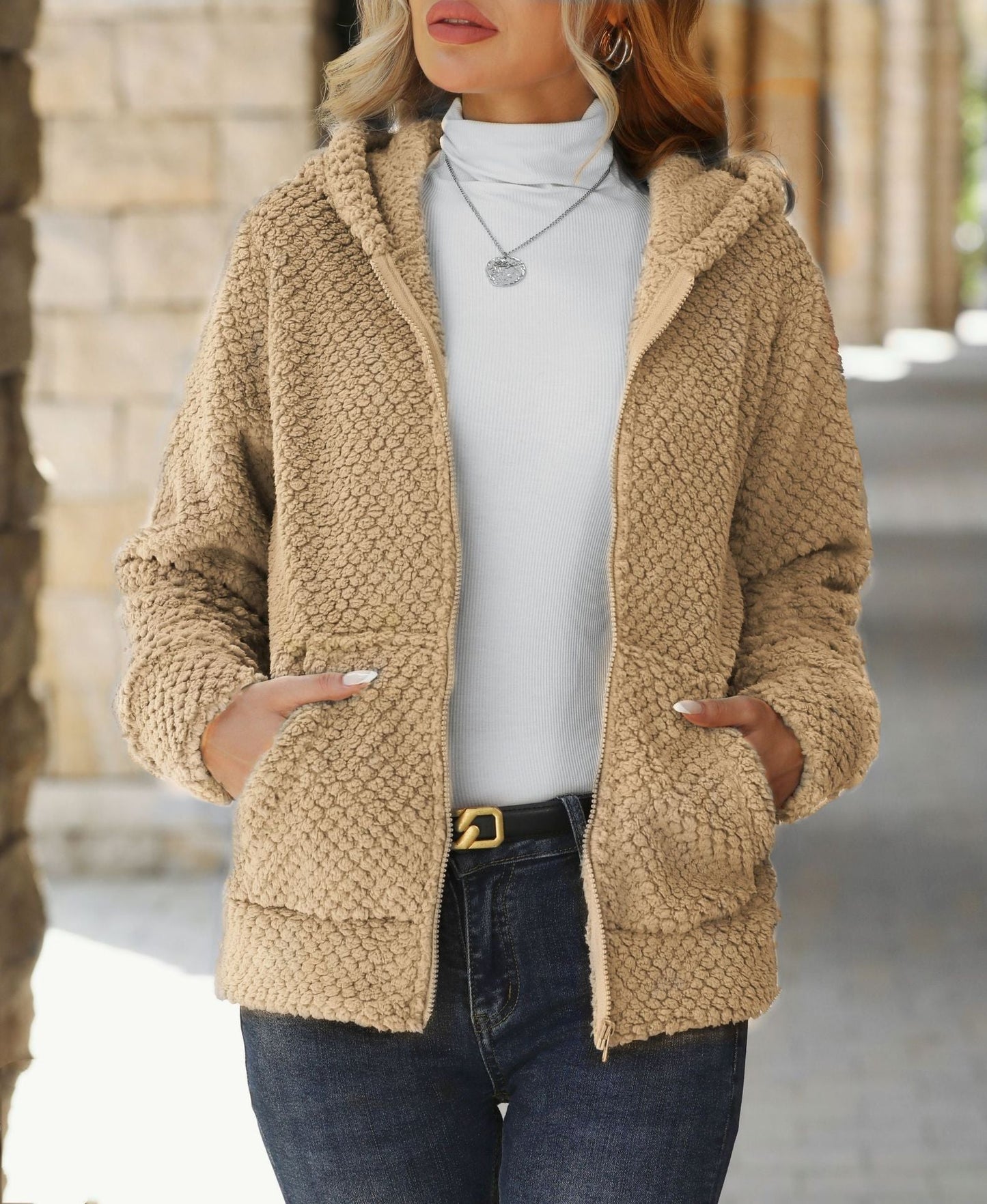 Flash Velvet Women Clothing Autumn Winter Loose Pocket Hooded Zip Cardigan Women Plush Coat