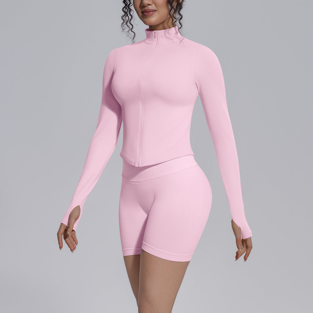 Seamless Knitted Long Sleeve Zipper Yoga Jacket Tight V Waist Yoga Shorts Fitness Yoga Wear Set for Women