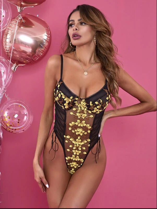 September Embroidery Transparent Mesh Jumpsuit Sexy Lingerie