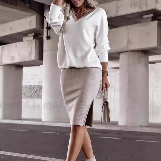Women Wear Outing Casual Loose V neck Sweatshirt Tight Skirt Long Sleeved Top Two Piece Set