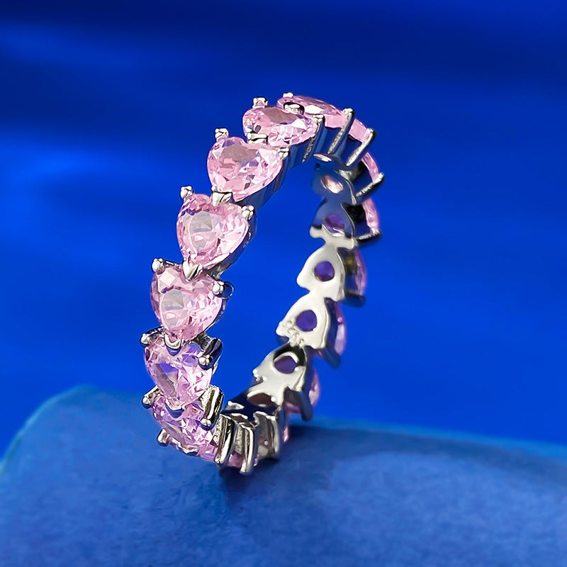 Jewelry Silver Heart Row Diamond Ring Twin Pink Diamond Ring Women Sweet Heart Ring