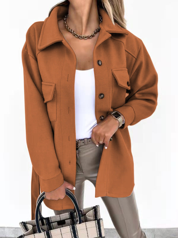 Fall Winter Lapels Single Breasted Thickened Solid Color Shirt Woolen Baggy Coat Female