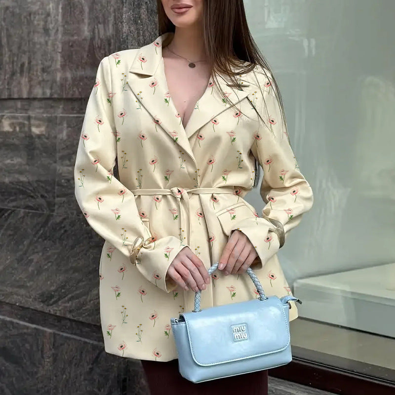 Women Clothing Spring Autumn Printed Loose Collar Lace up Waist Tight Blazer