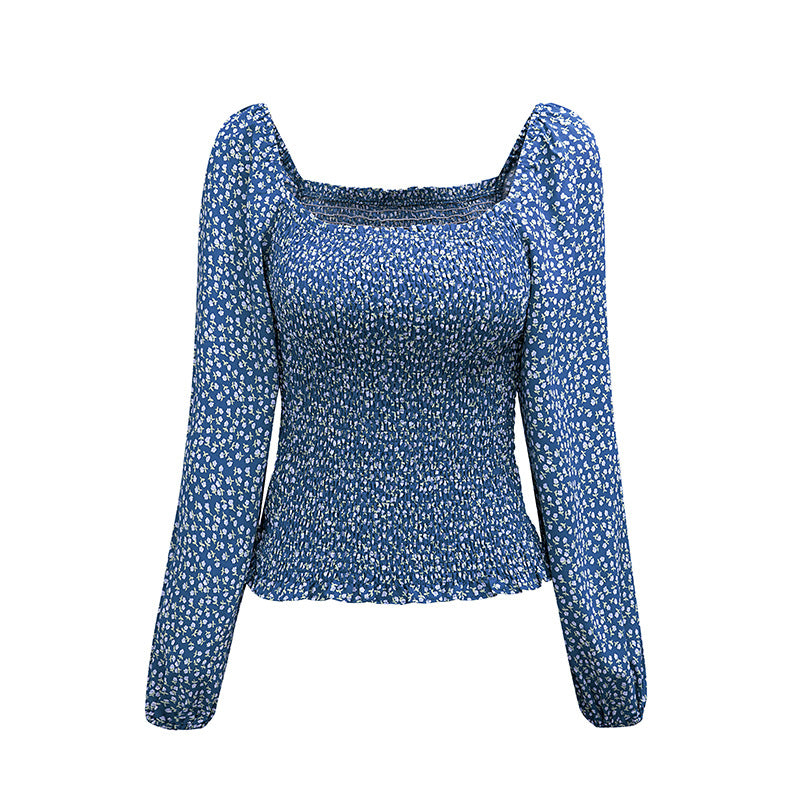 Square Collar Pullover Women Spring Autumn Long Sleeve Waist Tight Slimming Lantern Sleeves Top Women
