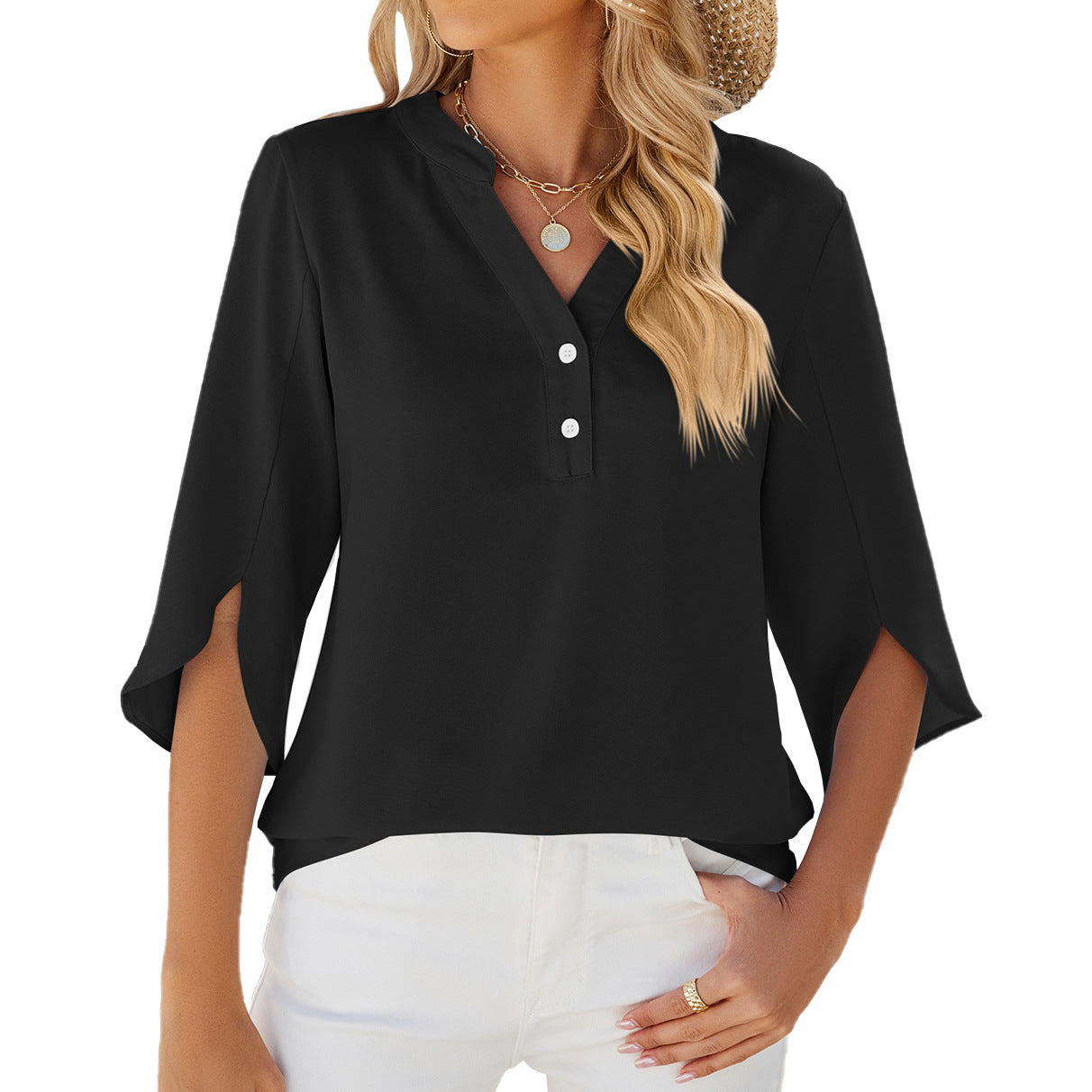 Summer Solid Color V neck Half Sleeve Chiffon Top Women Chiffon Shirt