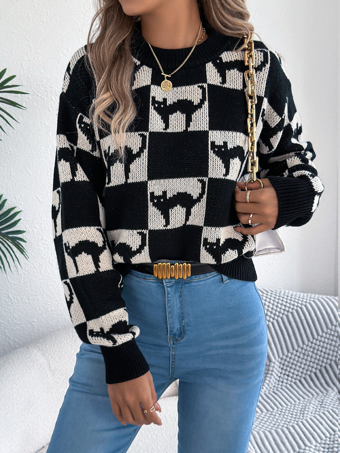 Autumn Winter Halloween Plaid Lantern Long Sleeve Pullover Women Clothing