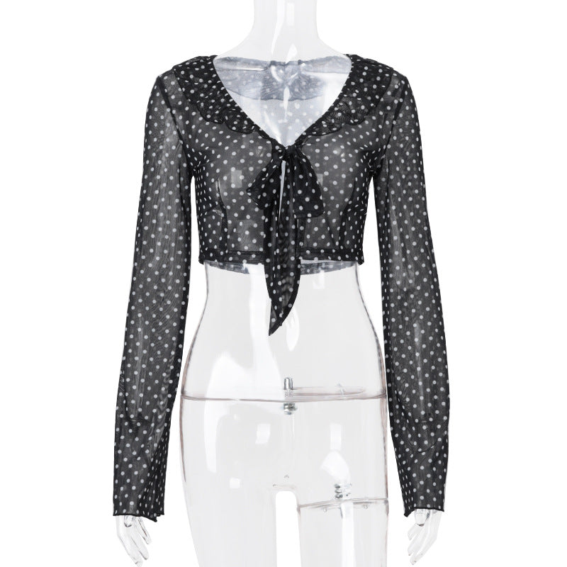 Women Clothing Summer Sexy See through Polka Dot Printed Long Sleeve Elegant Top