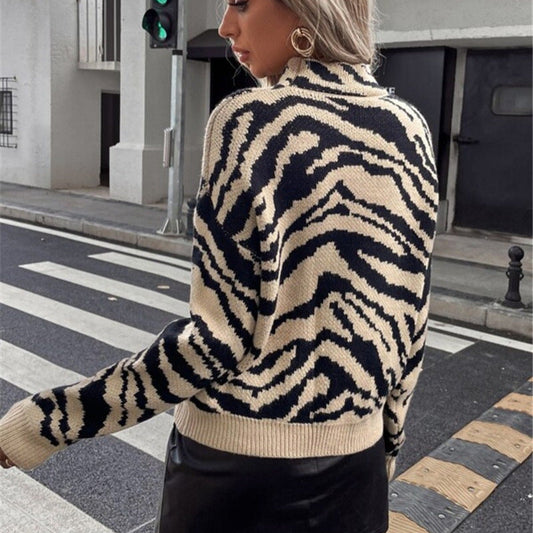 Autumn Winter Essential Loose Pullover Zebra Pattern Knitted Sweater for Women
