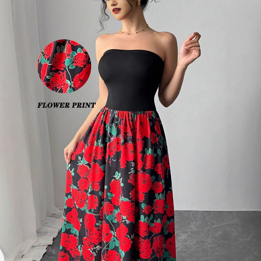 Spring Summer Elegant Lady Rose Print Short Stitching Bandeau Sexy Maxi Dress