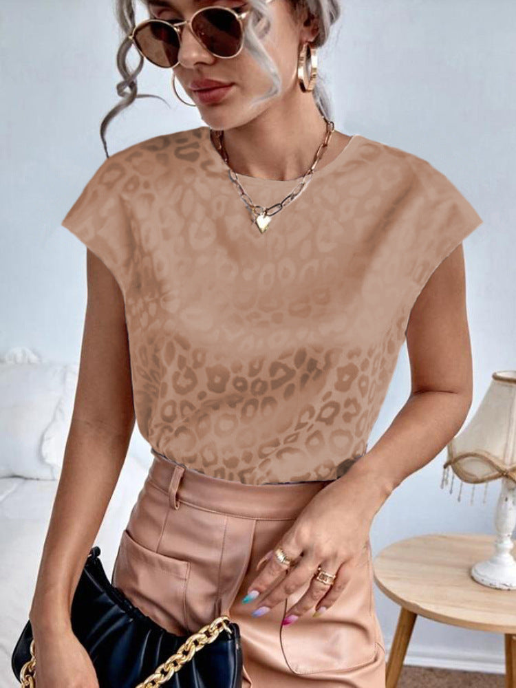 Women Clothing Top Summer Leopard Jacquard Shirt Casual Top Short Sleeve