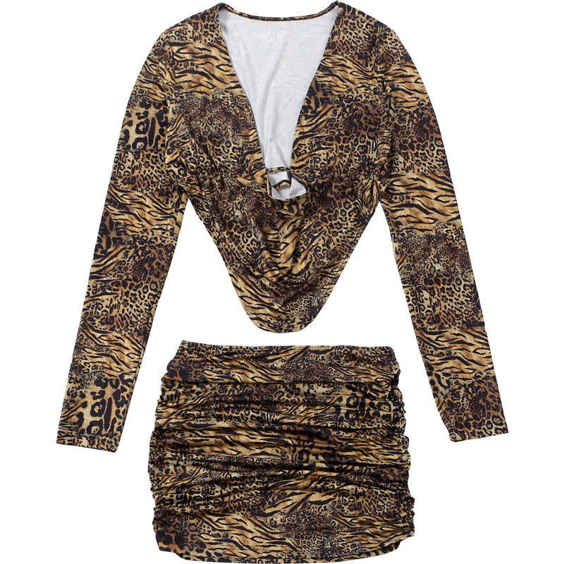 Autumn Winter Women Clothing Sexy Leopard Print V neck Long Sleeve Top Low Waist Skirt Outfit Women