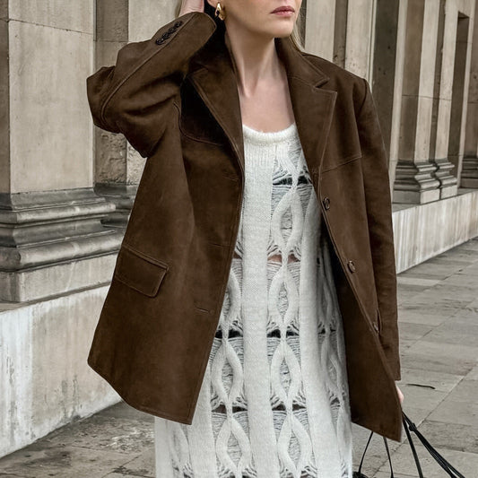 Brown Brushed Velvet Retro Lapels Loose Suede Coat Autumn Winter Maillard Blazers Women