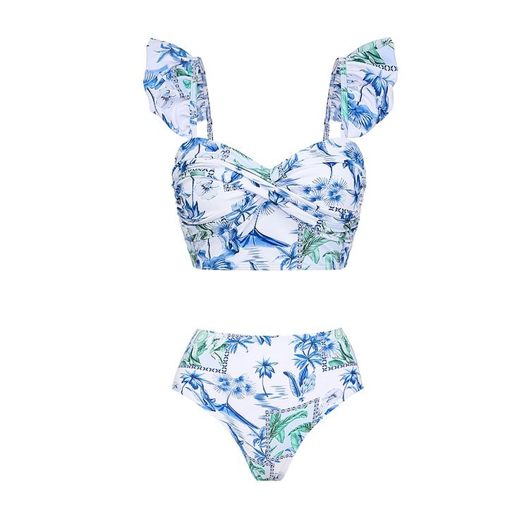 Summer Lotus Leaf Sleeve Split Swimsuit Women Seaside Vacation High Waist Thin Bikini