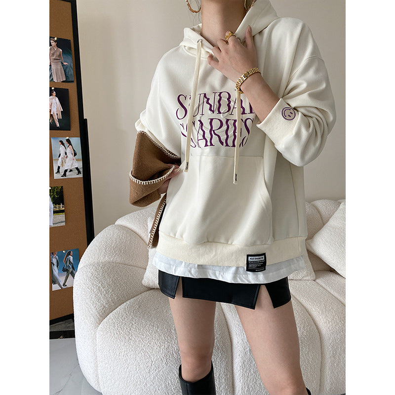 Letter Graphic Design Faux Two Pieces with Velvet Thickened Hooded Sweatshirt Early Autumn