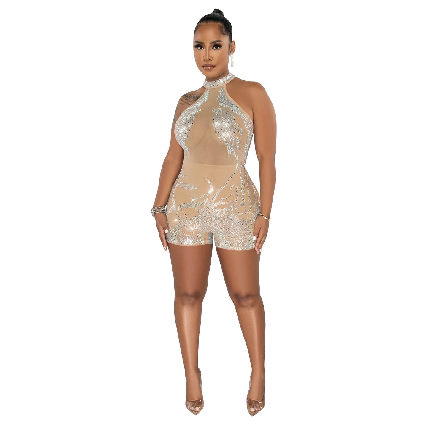 Women Wear Mesh See through Rhinestone Sleeveless Shorts Jumpsuit