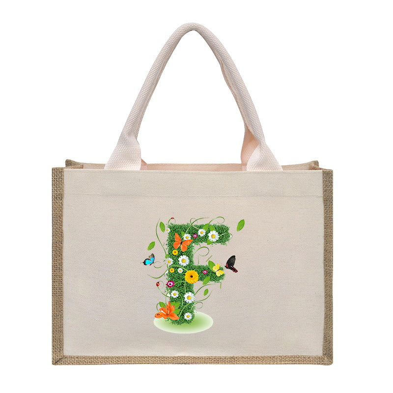 Cotton and linen canvas tote bag, printed letter tote bag, portable light handbag, gift shopping bag