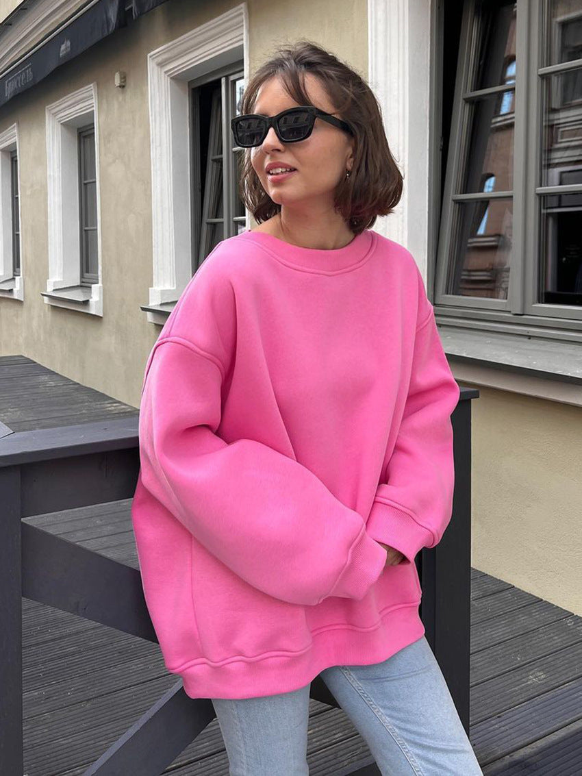 Round Neck Loose Sweatshirt Women Autumn Winter Street Solid Color Polar Fleece Pullover Sweatshirt