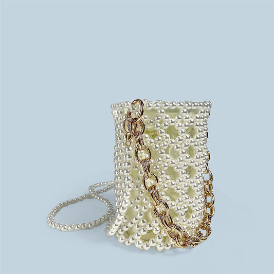 Chinese Beaded Hand Woven Pearl Cocktail Vegetable Basket Hollow Out Cutout Bucket Chain Underarm Messenger Bag