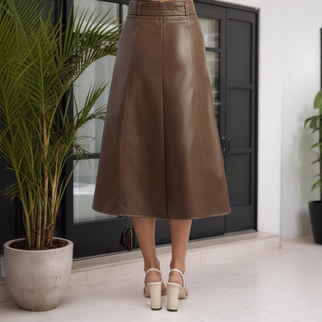 Autumn Winter Belt Bow Design High Waist Skirt Leather Skirt Long Wing A line Skirt