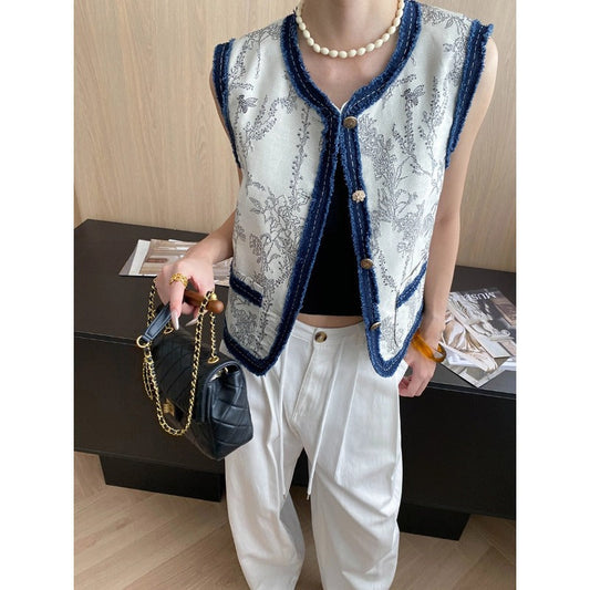 Autumn Chinese Jacquard Embroidery Stitching Denim Covered round Neck Vest