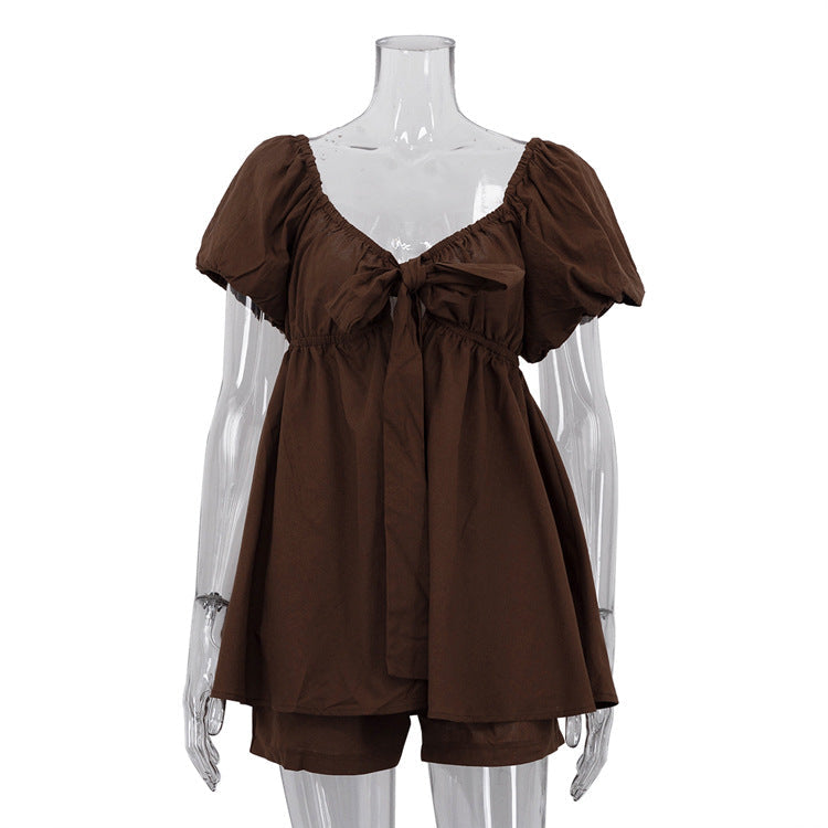 Casual Women Summer V neck Puff Sleeve Lace up Top Loose Shorts Two Piece Sets