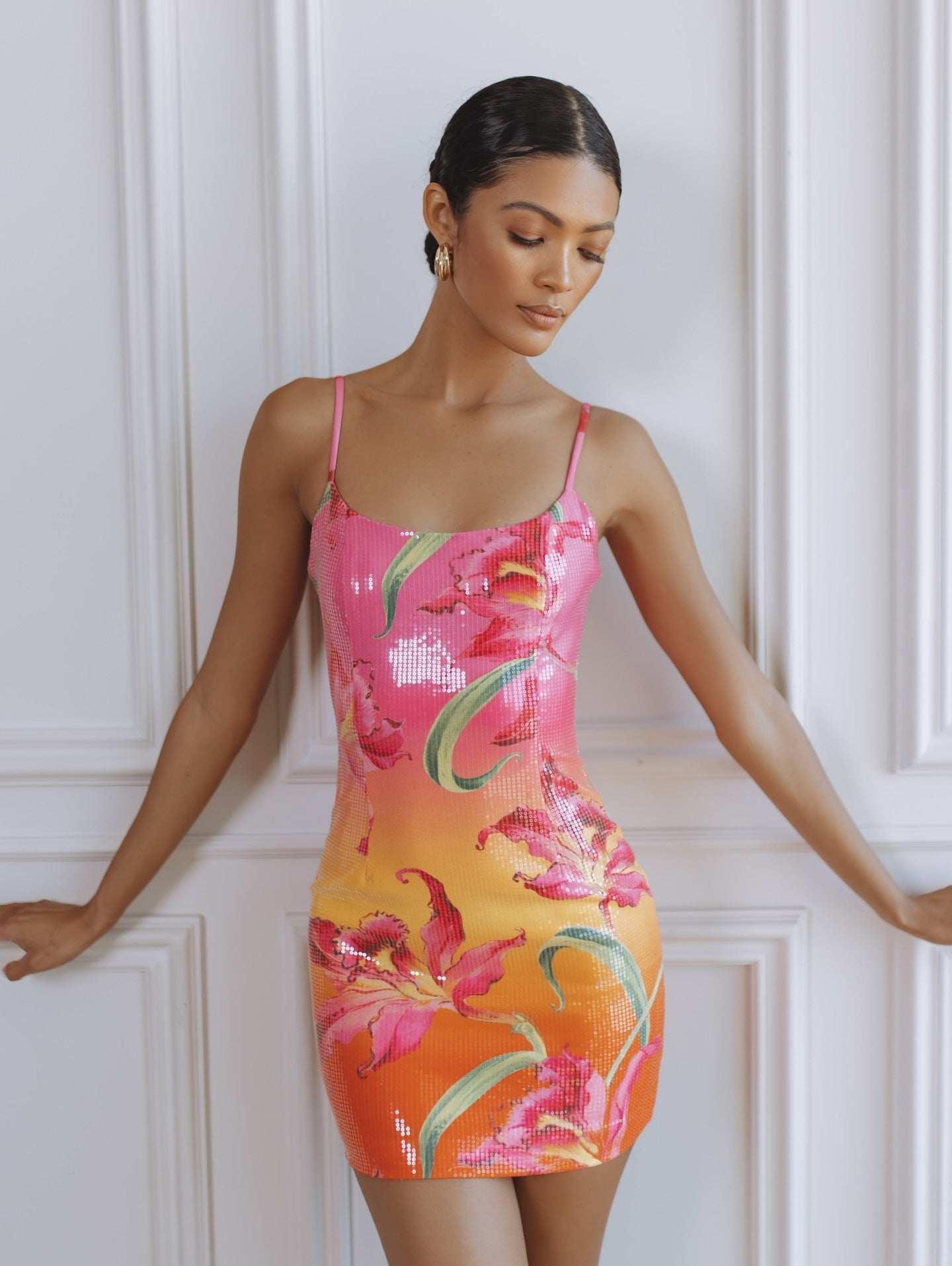 Spring Summer Suspender Sequined Positioning Printed Dress Casual Holiday Dress