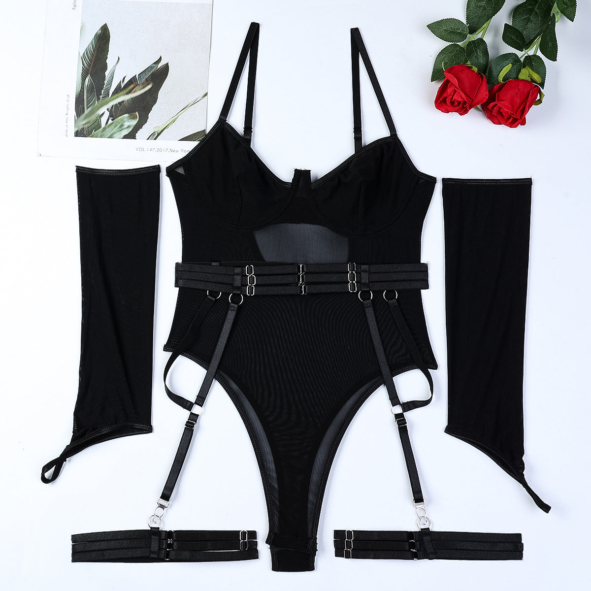 Sexy Underwear Mesh Strap Splicing Tape Gloves Sleeveless Jumpsuit Suit