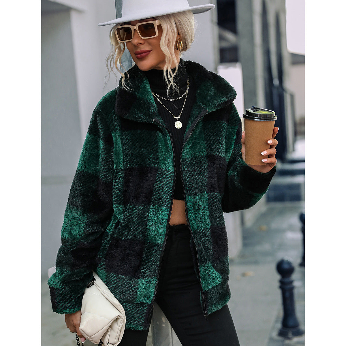 Autumn Winter Ladies Long Sleeves Stand Up Collar Plaid Regular Midi Plush Zippered Double Sided Suede Jacket