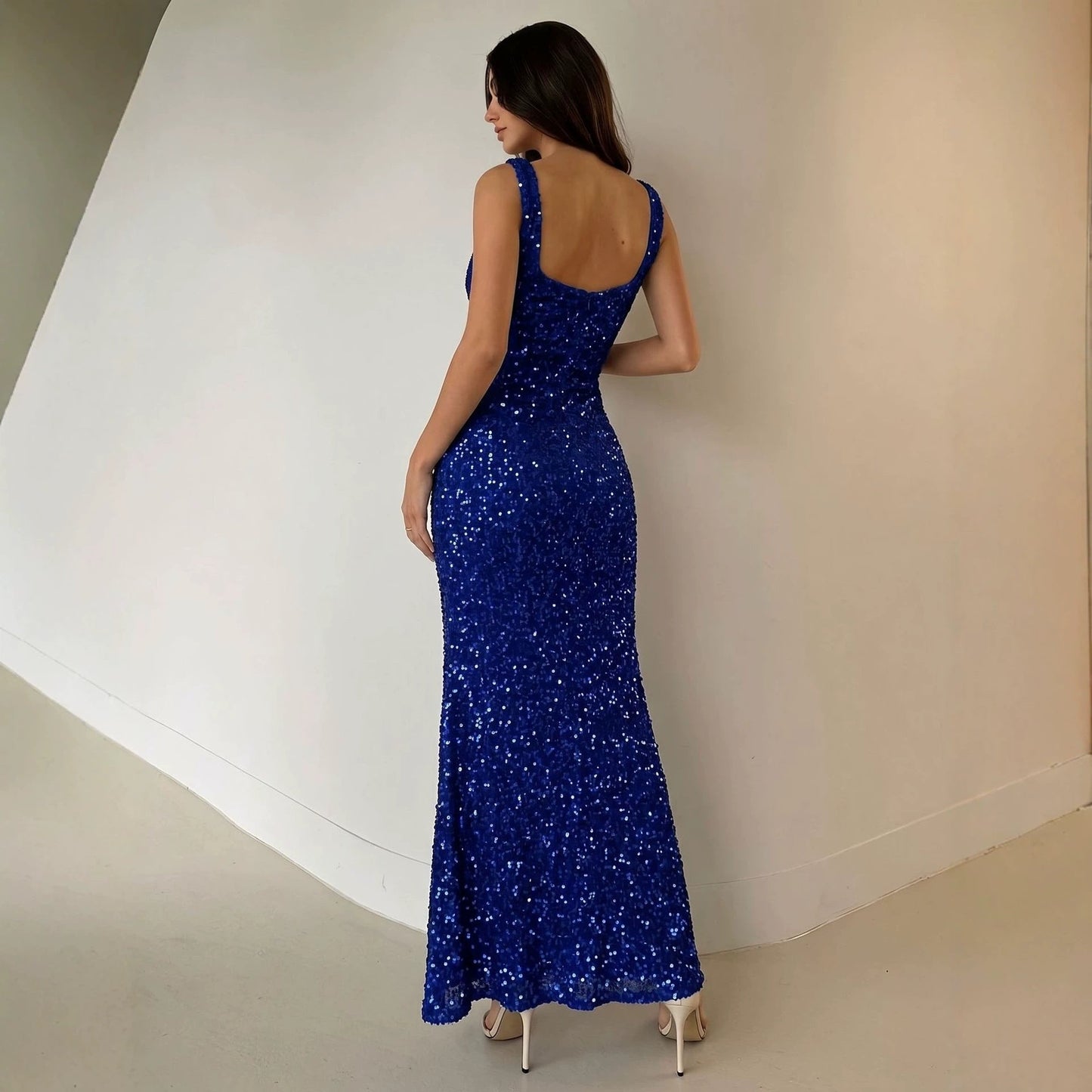 Blue Color Sequin Sling Evening Maxi Dress Sexy Slit Slim Fit Party Cocktail Dress for Women