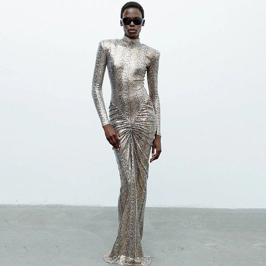 Autumn Slim round Neck Leopard Print Dress Long Sleeve Printed Dress Women Clothing