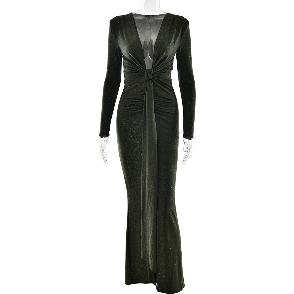 Autumn Winter Sexy Deep V Plunge neck Ribbon Dress Sexy Slit Slim Fitting Dress