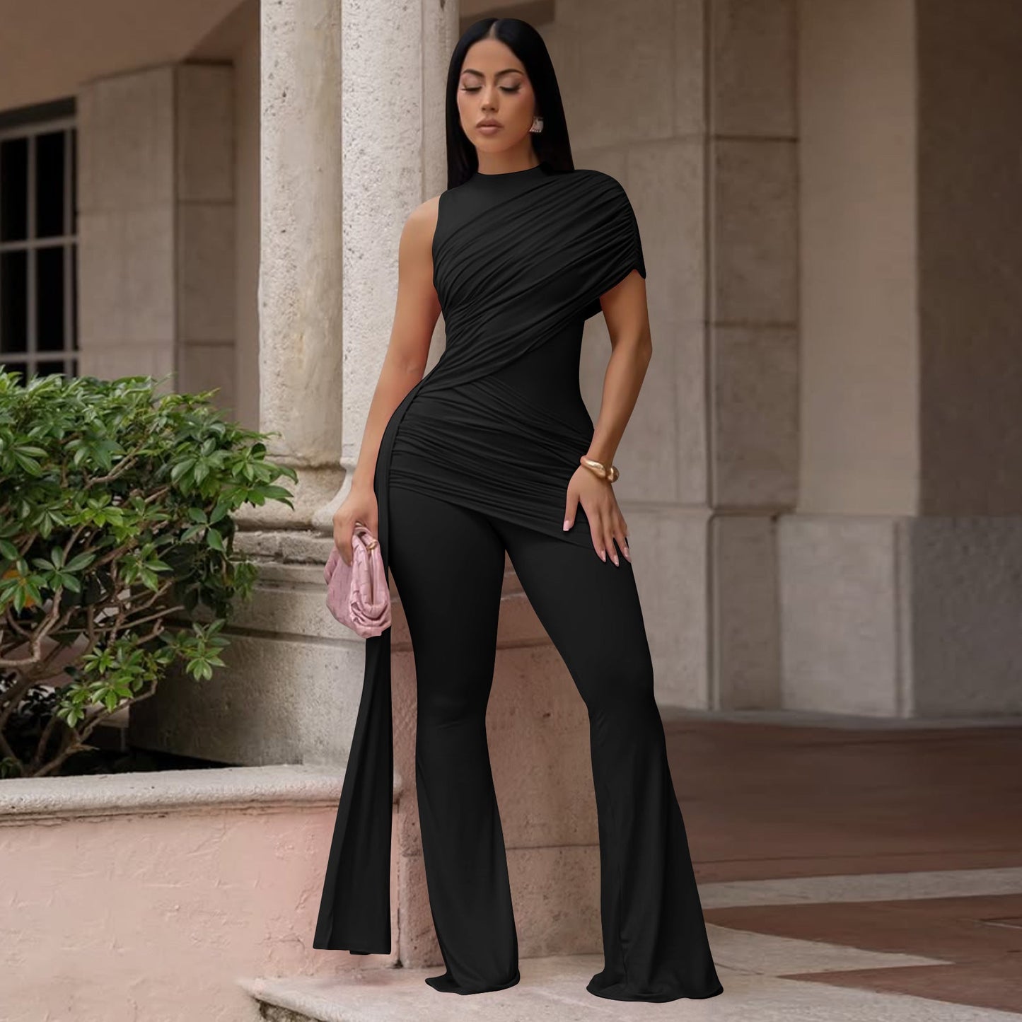 Women Clothing Summer round Neck One Shoulder Pleated Ribbon Sexy Slim Fit