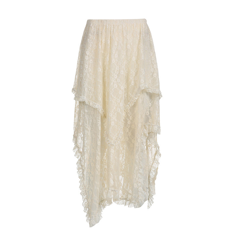 Retro Trendy Lace Irregular Asymmetric Skirt Solid Skirt Summer Thin