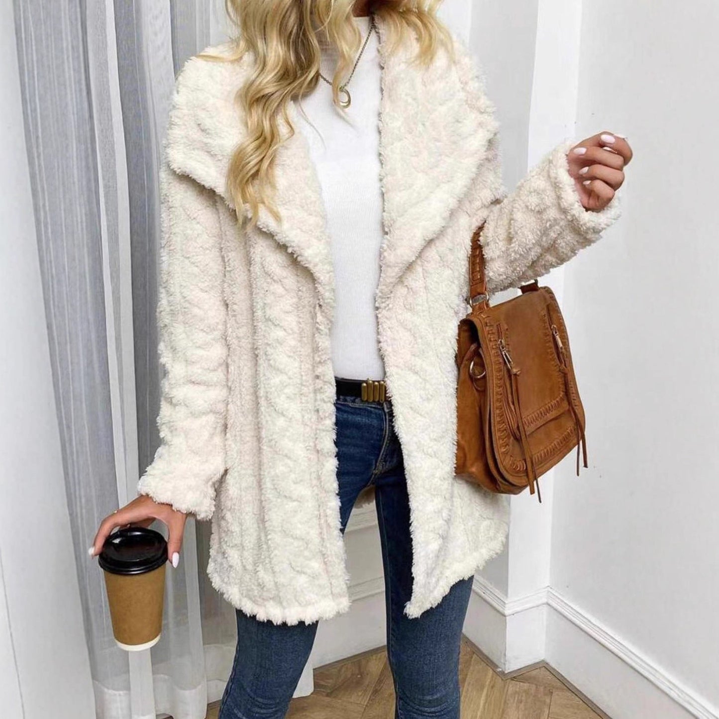 Popular Large Collared without Buckle Cardigan Casual Women Autumn Winter Plush Coat