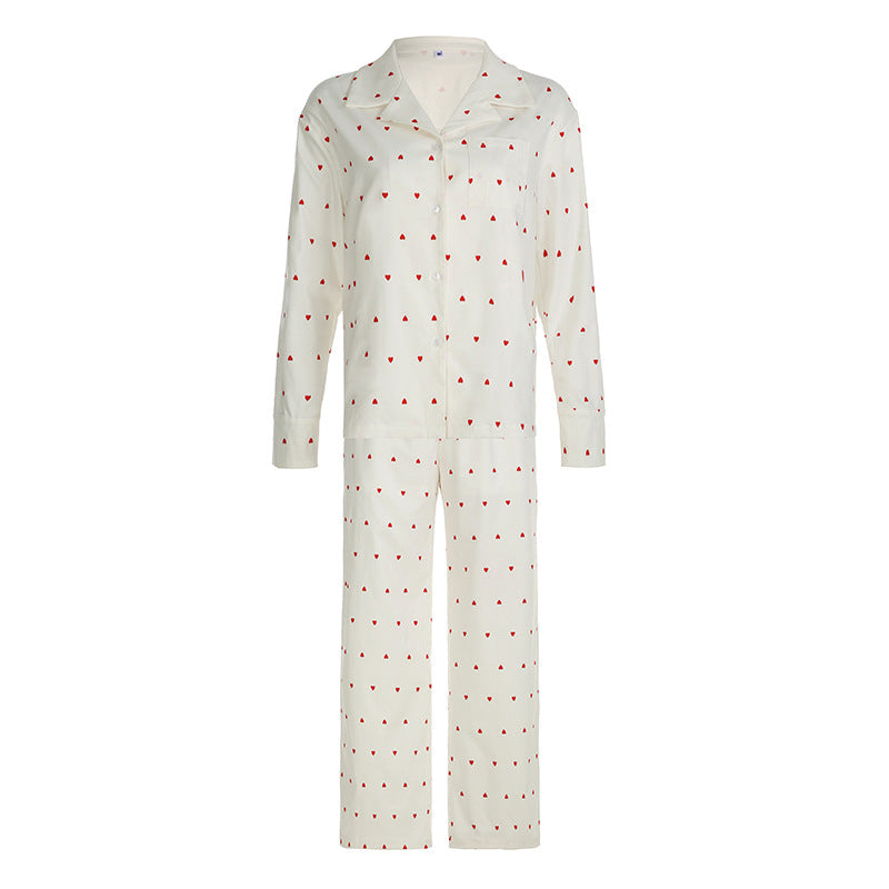 Spring Autumn Two Piece Sets Heart Printing Long Sleeved Shirt Trousers Pajamas Women Loose Comfortable Homewear Women