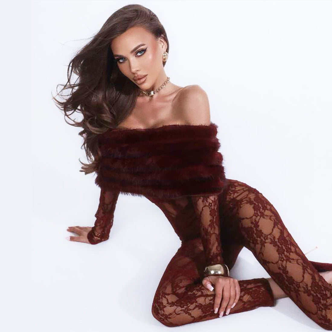 Winter Women Clothing Sexy off the Shoulder Furry Slim Fit Patchwork Jumpsuit Women